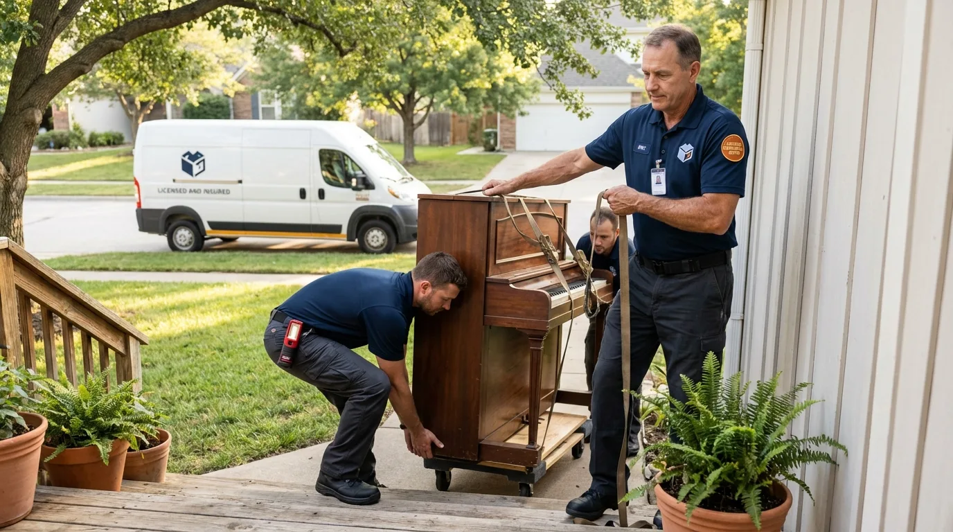 Licensed piano movers securing grand piano in Tarkio, MO